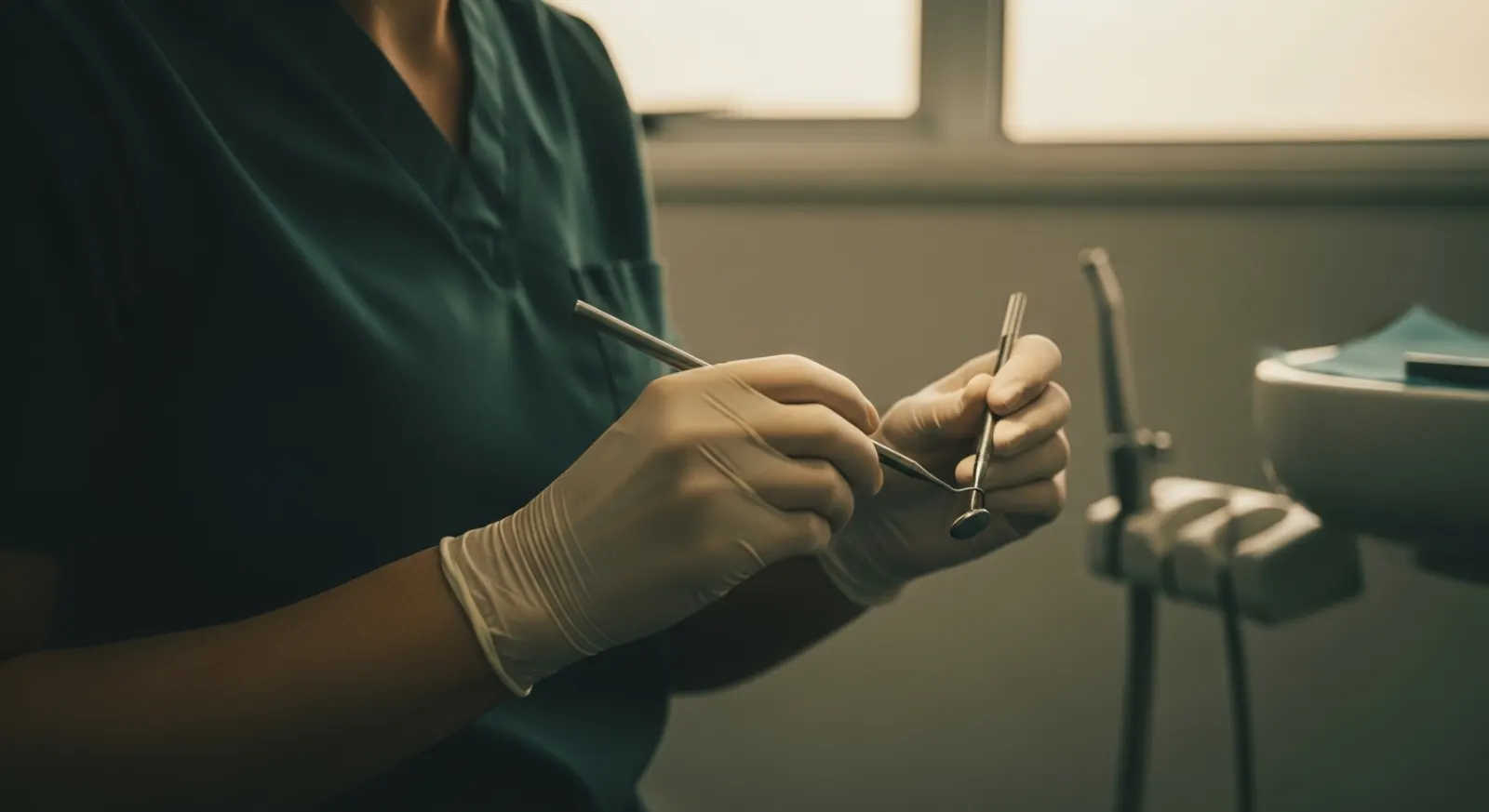 A dentist working at the chair with clinical instruments